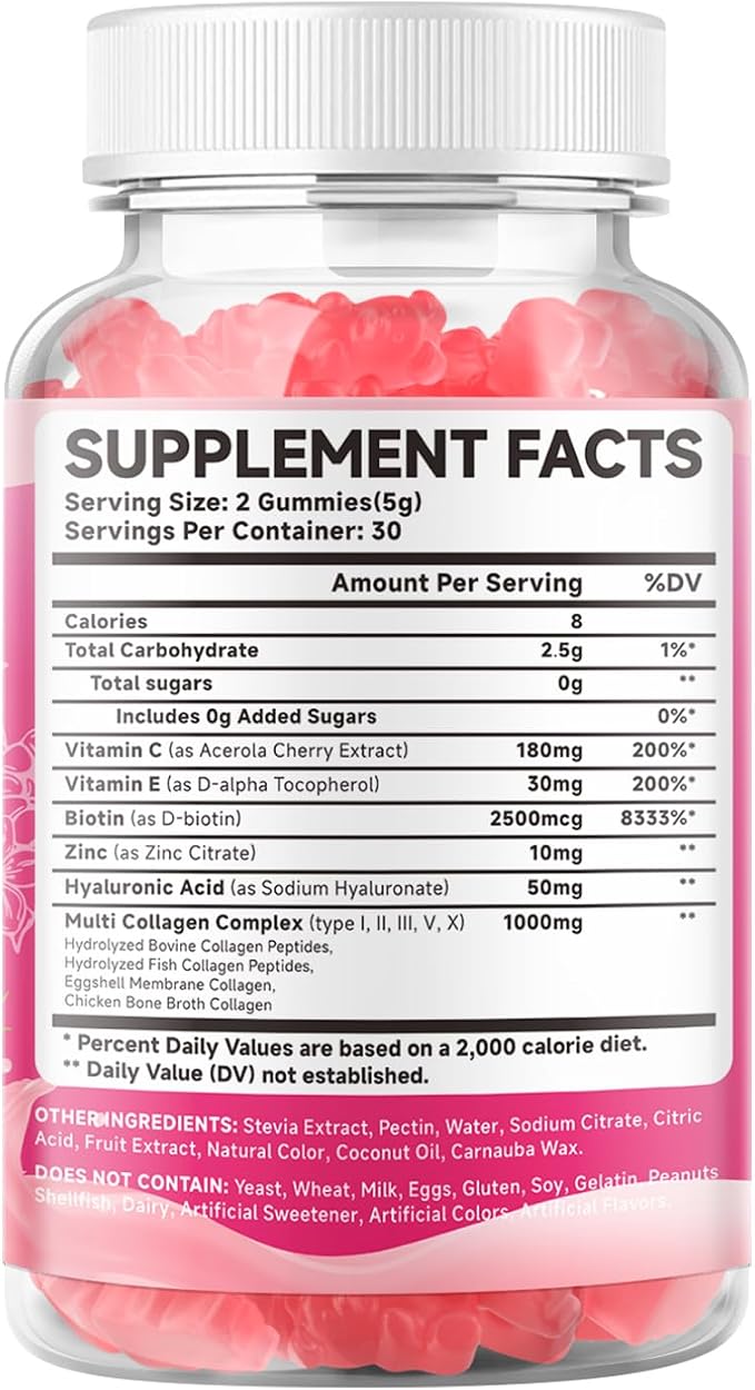 MEENCCD Hydrolyzed Collagen Peptides Gummies for Women & Men, Multi-Collagen Type I,II,III,V,X with Biotin, Hyaluronic Acid, Zinc, Vitamin C, E - Skin, Hair, Nails, Raspberry Flavor, 60 Count