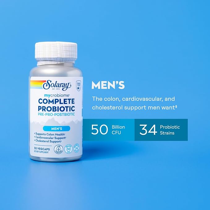 SOLARAY Mycrobiome Complete Probiotic Men's Formula - Pre and Probiotics for Men Plus Postbiotic - Digestive Health and Immune Support - 50 Billion CFU, 26 Strains - Vegan - 30 Servings, 30 VegCaps