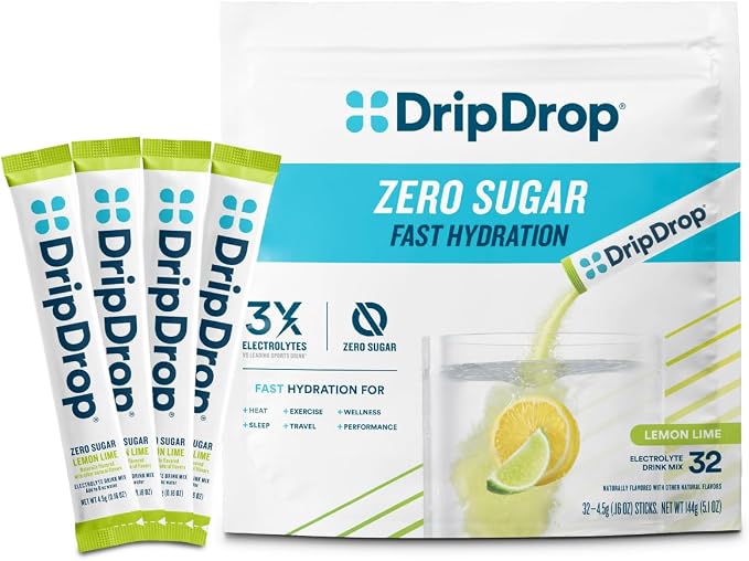 DripDrop Sugar Free Hydration Packets - Zero Lemon Lime - Single Serve Electrolytes Powder Drink Mix - Non-GMO, Gluten Free, Vegan - 32 Sticks