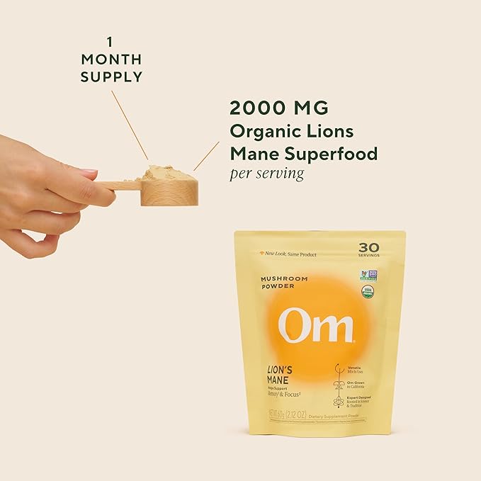 Om Lion’s Mane Mushroom Powder - Organic Mushroom Supplement and Nootropic - Support Memory, Focus and Nerve Health, 3.5 oz (50 Servings)