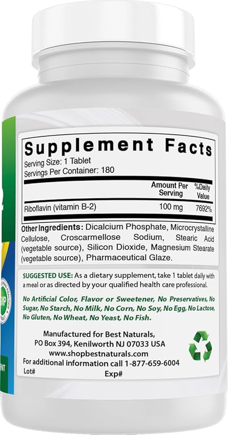 Best Naturals Vitamin B2 (Riboflavin) 100 mg 180 Tablets - Premium Formula - 3rd Party Lab Tested