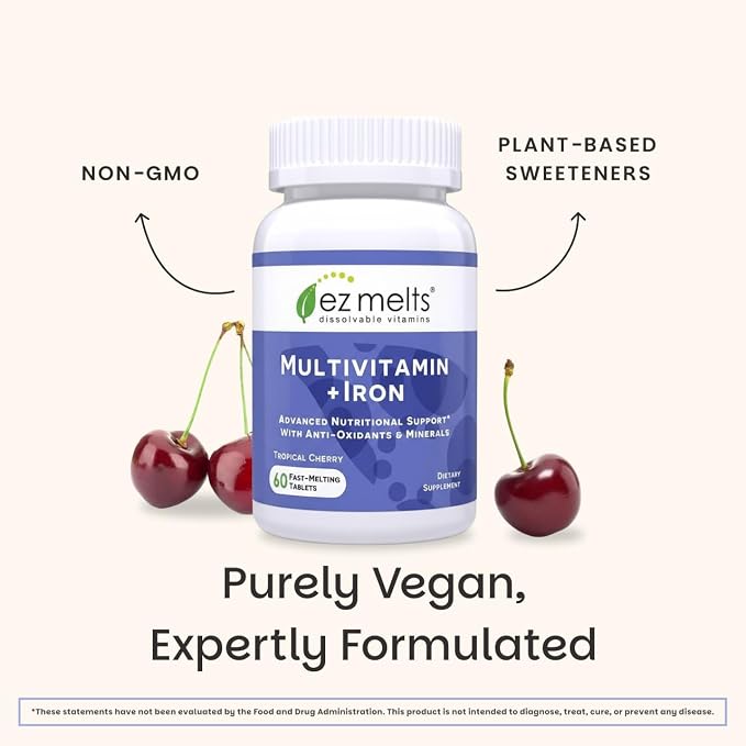 EZ Melts Multivitamin + Iron - Daily Multivitamin for Women & Men - Supports Healthy Energy Levels & Antioxidant Protection - Non-GMO & Vegan - Tropical Cherry - 60 Dissolvable Tablets (30 Servings)