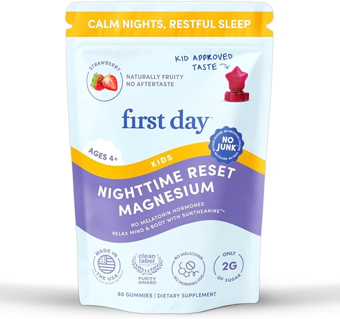 FIRST DAY Kids Magnesium Citrate Gummies (Ages 4+) with No Melatonin | Calm Kids Magnesium Gummies | Bedtime Supplement for Better Sleep with Suntheanine® L-Theanine | Strawberry | 30-Days Supply