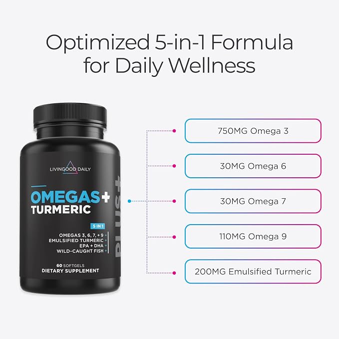 Livingood Daily Omega 3 6 9 Plus Turmeric Curcumin Supplement, 60 Softgels - Fish Oil Omega 3 Supplements (EPA & DHA) for Men and Women - Brain, Joint, Heart Health, and Metabolism - Made in USA