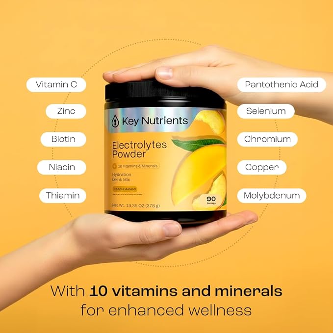 KEY NUTRIENTS Multivitamin Electrolytes Powder No Sugar - Tropical Peach Mango Electrolyte Powder - Endurance & Energy Supplement - Hydration Powder - No Calories - 90 Servings - Made in USA