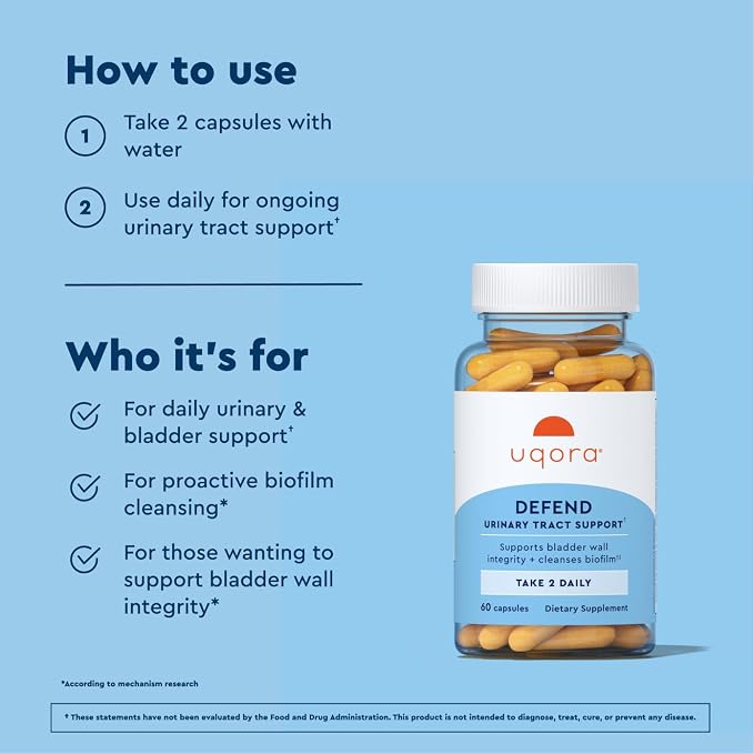 Uqora Defend - Urinary Tract Health Supplement - Support Bladder Health & Cleanse Biofilm with D-Mannose, Green Tea Extract, Turmeric Extract & More - Gluten-Free- 60 Capsules- 2 Pack (60-Day Supply)