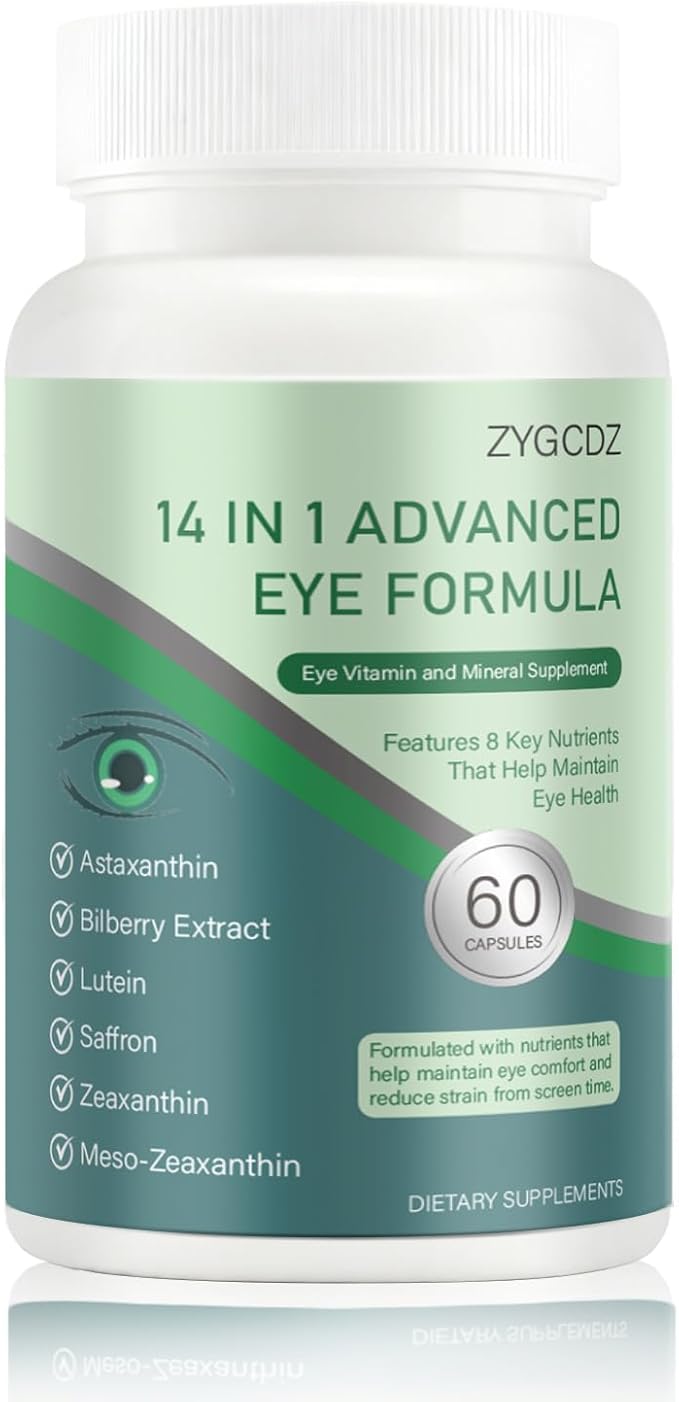 14-in-1 Advanced Eye Vitamin Supplement with Lutein, Zeaxanthin, Bilberry Extract & Zinc for Adults - Supports Vision, Macula & Blue Light Protection - 60 Capsules (01)