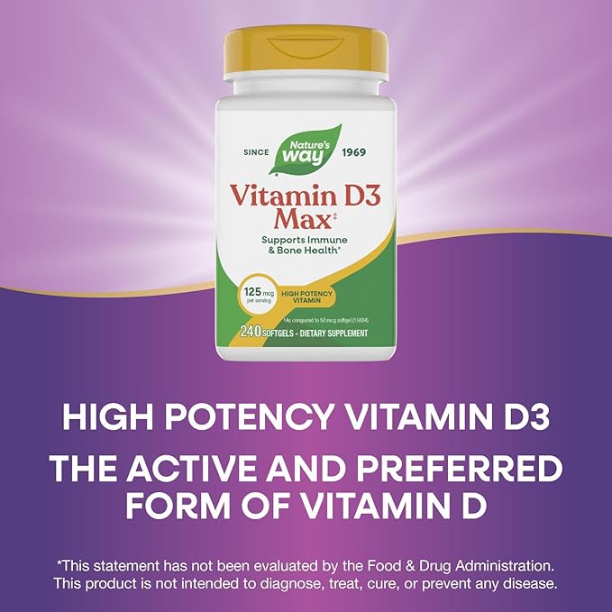 Nature's Way Vitamin D3 Max, Supports Healthy Bones and Teeth*, Supports Immune Health*, 125mcg per Serving, 240 Softgels