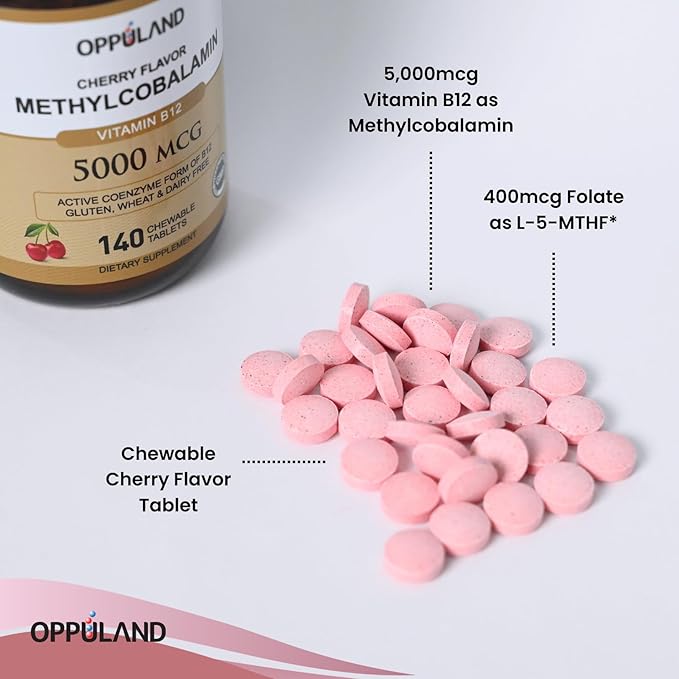 Methyl B-12 5000mcg Chewable with Folate - Vitamin B12 Methylcobalamin Sublingual Tablets - Supports Energy & Brain Function - Vegan Supplement - Cherry Flavor - 140 Count