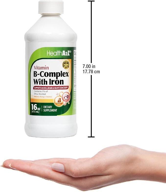 HealthA2Z® Liquid Vitamin B-Complex Plus Iron, Natural Orange Flavored, 16oz (473ml)