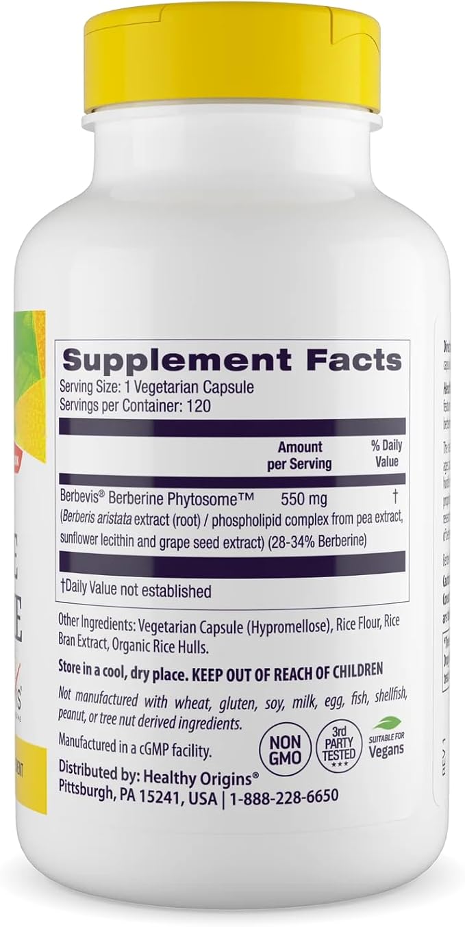 Healthy Origins Berberine Phytosome 550 mg, 120 Veggie Capsules - Bioavailable Berberis Aristata Extract - Supports Metabolic Health, Body Composition, Advanced Phytosome Technology - 4 Month Supply