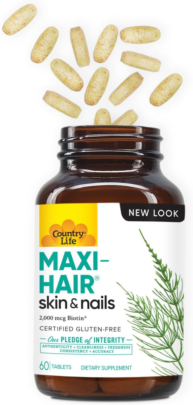 Country Life Maxi-Hair Supplement - 2000mcg Biotin & Vitamins for Hair, Skin & Nails - Certified Gluten-Free & Vegetarian - Supports Hair Growth, 60 Tablets (Pack of 2)
