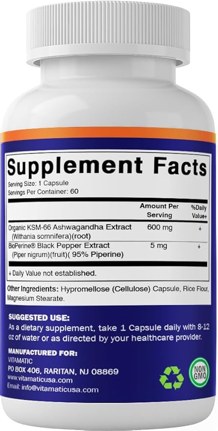 Vitamatic KSM-66 Ashwagandha Root Extract + Bioperine - 600mg, 60 Veggie Caps (1200 mg per 2 Capsules)