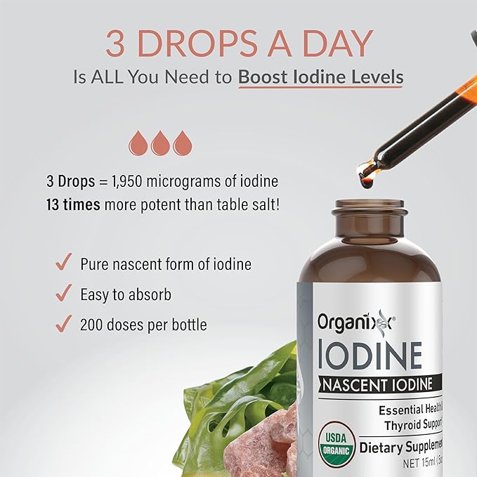 Organixx Iodine Supplement, Organic Nascent Liquid Drops, Pure Iodine Concentrate for Men and Women, Gluten Free, Vegan, Non GMO, American Made, 15 ML, 60 Servings