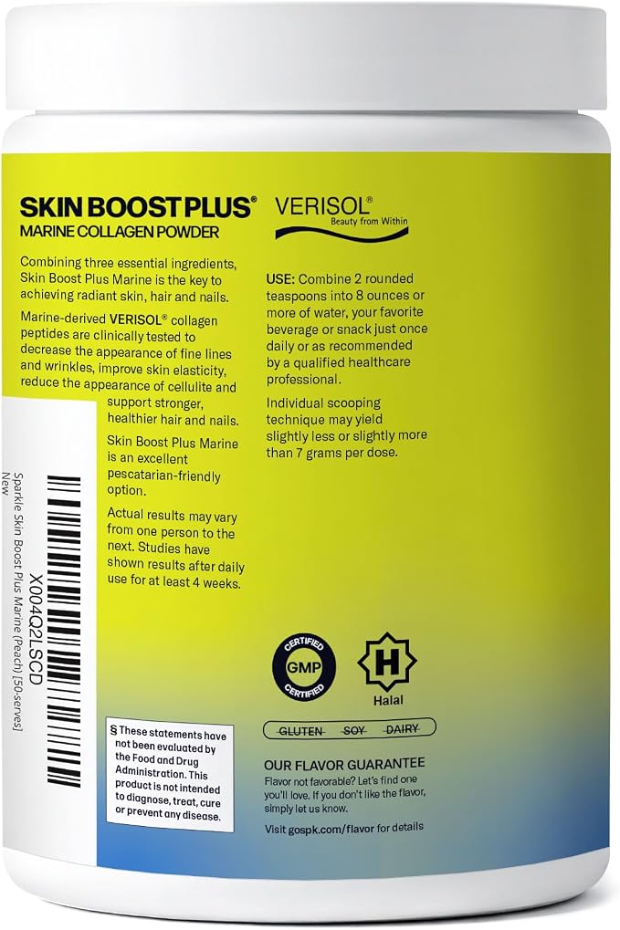 Sparkle Wellness Marine-derived VERISOL Bioactive Hydrolyzed Collagen Peptides | Collagen Powder Supplement with Vitamin C & Hyaluronic Acid | Marine Skin Boost Plus (Peach) [50-Serves]