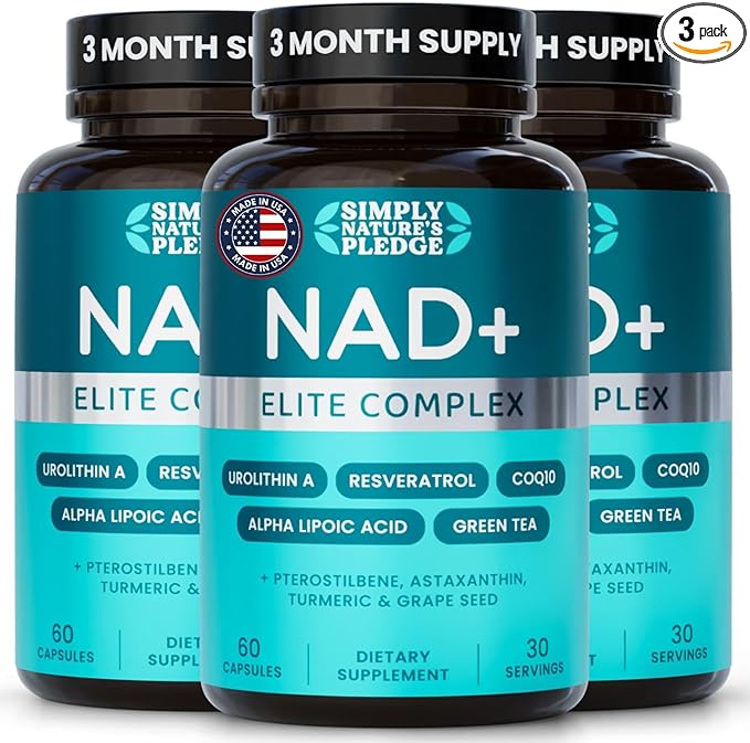 NAD+ Elite Complex – Direct NAD+ 300 mg with Urolithin A, Resveratrol, CoQ10 & Antioxidant Blend – Cellular Energy, Mitochondrial Support & Healthy Aging – Vegan, Non-GMO- 60 Capsules (Pack of 3)