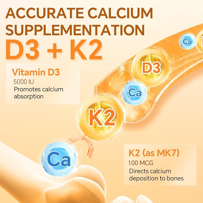 ZEBORA Vitamin D3+K2-5000 IU Vitamin D3 + 100 mcg K2 MK-7 - Maximum Absorption for Bone, Teeth, Heart & Immune Support - Easy to Swallow, Gluten-Free, 120 Capsules