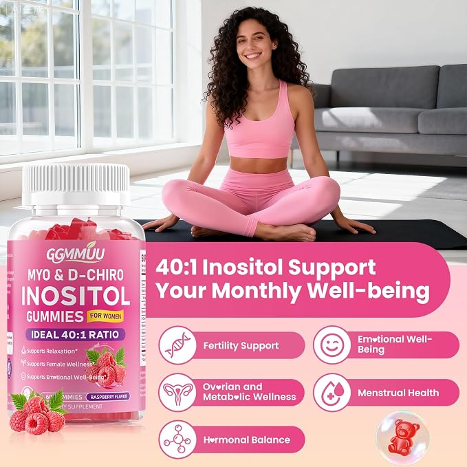 2 Pack Myo-Inositol & D-Chiro Inositol Gummies for Women 1000mg + 25mg Ideal 40:1 Ratio with Vitamin D3, Magnesium Glycinate, Folate & Zinc for Female, Raspberry Flavor, 120 Count
