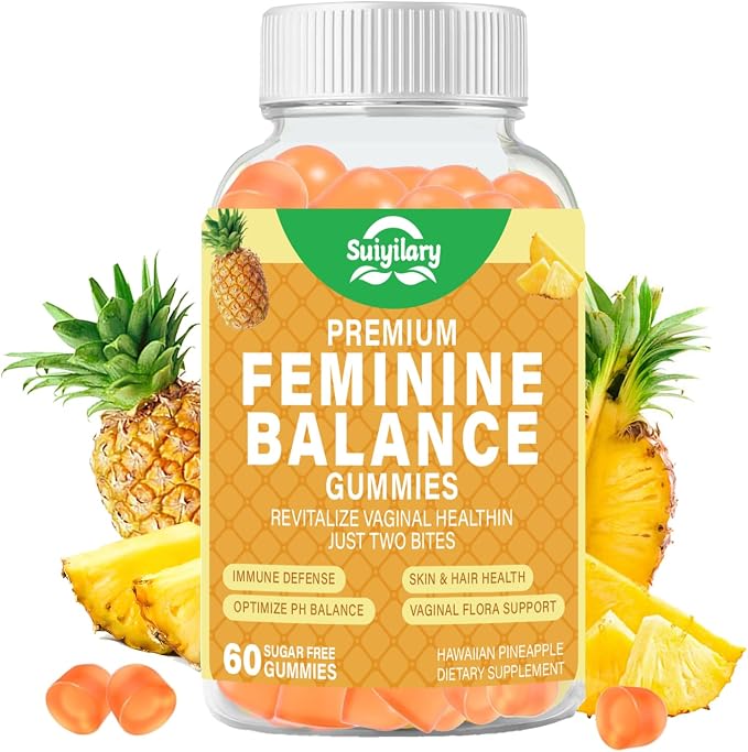 Suiyilary Feminine Probiotics Gummies, Vaginal Health & Women's pH Balance Gummy Supplement with Cranberry Pineapple Powder, Sugar Free Vegan, 60 Count (Pineapple)