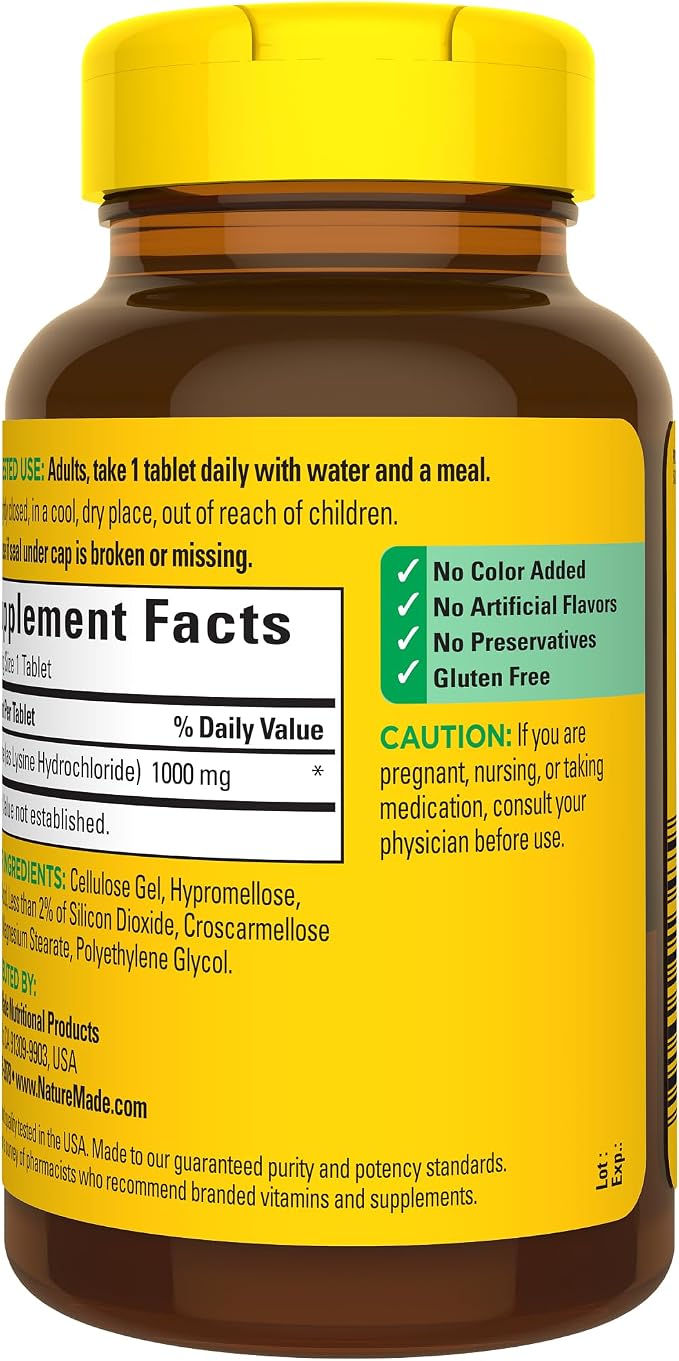 Nature Made L-Lysine 1000 mg, Dietary L-Lysine Supplements, 60 Tablets, 60 Day Supply