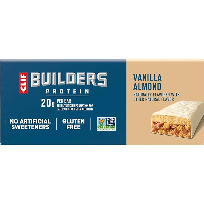 CLIF BUILDERS Protein Bars - Vanilla Almond Flavor - 20g Plant Based Protein - Gluten Free - Non-GMO - Low Glycemic - No Artificial Sweeteners - 2.4 oz. (Pack of 144)