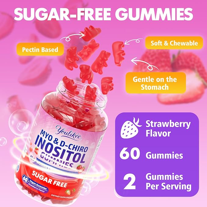 2 Pack Myo-Inositol & D-Chiro Inositol Gummies for Women, 120 Count | Ideal 40:1 Ratio with Vitamin D3, Folate, Magnesium and Zinc - Support Female Health & Wellness, Strawberry Flavor