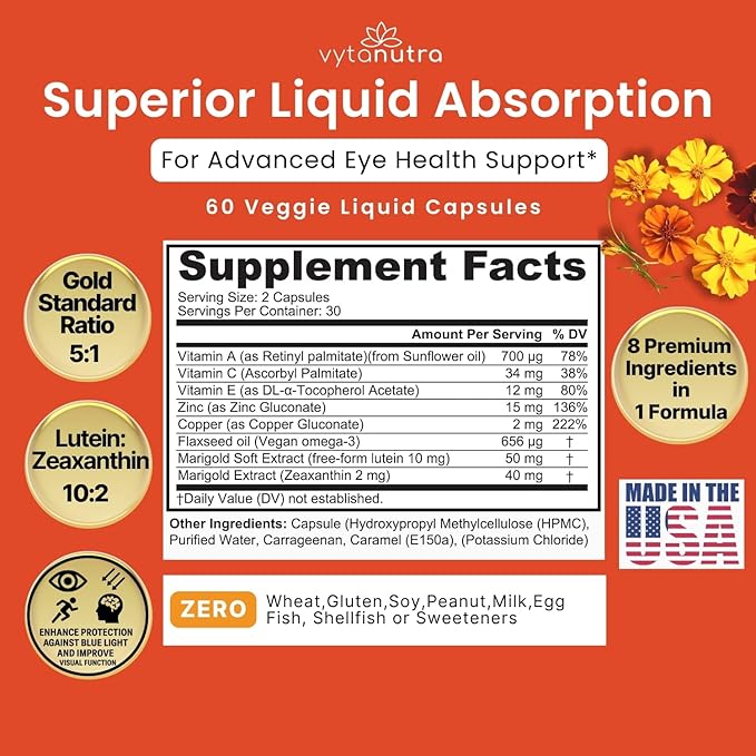 Liquid Lutein & Zeaxanthin – Fast-Absorbing Eye Support for Blue Light & Visual Health with Zinc, Vitamin A & Antioxidants – 60 Veggie Liquid Capsules