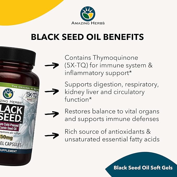 Amazing Herbs Premium Black Seed Oil Capsules - High Potency, Cold Pressed Nigella Sativa Aids in Digestive Health, Immune Support & Brain Function - 60 Count, 1250mg (60 Count (Pack of 2))