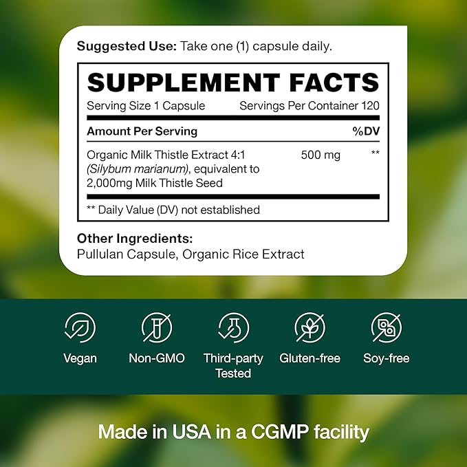 Fresh Nutrition Organic Milk Thistle Supplement - Potent Strength – 4 Month Supply – Silymarin Thistle Seed Standardized Extract 4:1 - Made in The USA - 120 Capsules