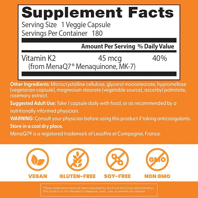 Doctor's Best Natural Vitamin K2 MK7 Supplement for Men & Women - Bone Health Support, 45 mcg Vitamin K-2 MK-7 Capsules with MenaQ7, Calcium Support, Non GMO, Vegan - 180 Veg Caps