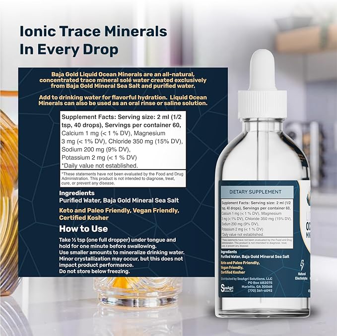 Baja Gold Liquid Ocean Trace Mineral Drops - Ionic Electrolyte Drops for Drinking Water & Food Flavor Enhancement - Mineral-Rich Saline Solution & Oral Cleanse - 4 fl oz, 30-Day Supply