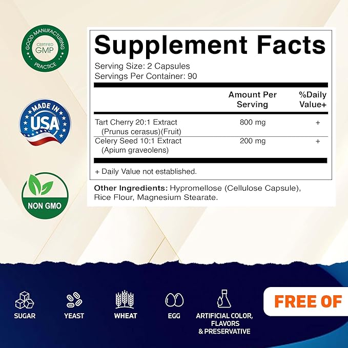Vitamatic Tart Cherry 20X Extract with Celery Seed 10X Concentrated Extracts - - 180 Veg Capsules - Vegetarian, Non-GMO, and Gluten Free