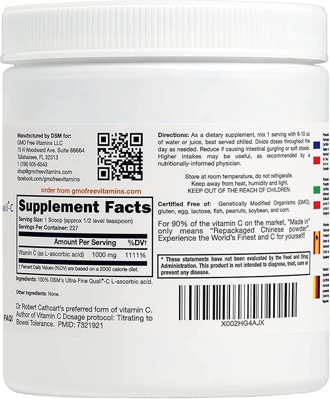 GMO Free Vitamins - Ultra Fine Non GMO Vitamin C Powder, Made in UK - Highest Grade of Quali-C L-Ascorbic Acid for Maximum Bioavailability – Vegan (8 oz.)