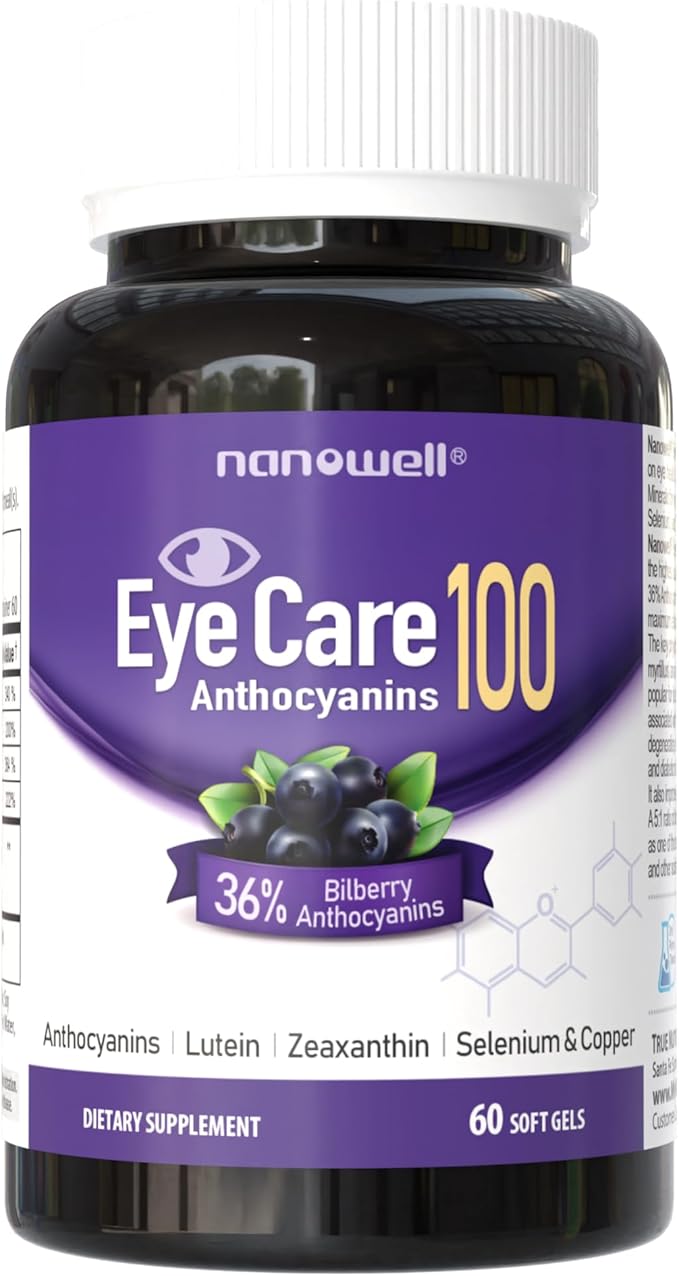 NANOWELL EyeCare Anthocyanins 100 - Eye Health Supplement with Bilberry, Zeaxanthin, Lutein, Anthocyanins, Vitamin A, E, Selenium & Copper - 60 Softgels, 60 Day Supply