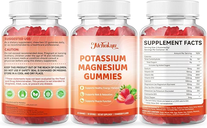 Potassium Magnesium Gummies – High Absorption Magnesium Glycinate – Magnesium Potassium Supplement Gummies with Vitamin B6, D3, B12 for Muscle Support, Sugar-Free Strawberry Flavor, 120 Count