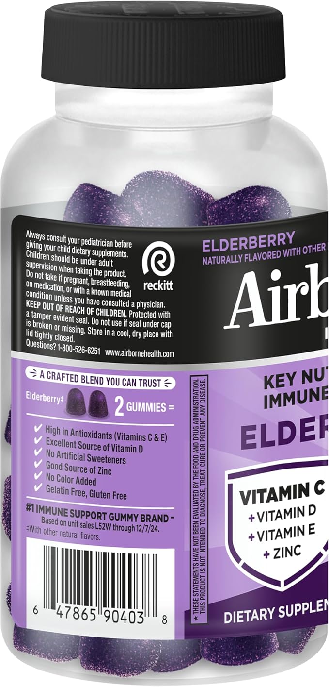 Airborne Elderberry + Zinc & Vitamin C Gummies For Adults, Immune Support Vitamin D & Zinc Gummies With Powerful Antioxidant Vitamins C D & E - 50 Gummies, Elderberry Flavor