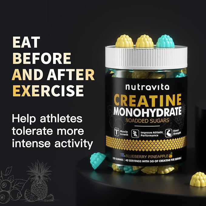 Nutravita NSF Certified Creatine Gummy - Creatine Monohydrate Gummies for Men & Women-5g of Creatine Monohydrate per Serving - Sugar Free,Vegan,Blueberry Pineapple Flavor, 120 Count