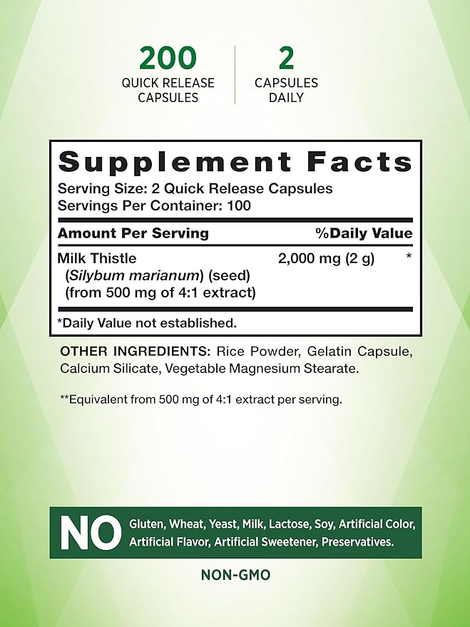 Nature's Truth Milk Thistle Supplement | 200 Capsules | Non-GMO and Gluten Free Seed Extract | Silymarin Marianum