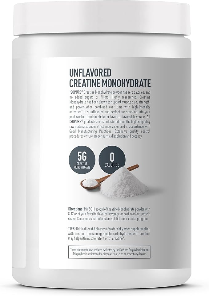 Isopure 100% Pure Creatine Monohydrate Powder,Sugar Free,Unflavored,5g Creatine Monohydrate Per Serving,1.1 Lbs,100 Servings (Packaging May Vary),(Pack of 2)