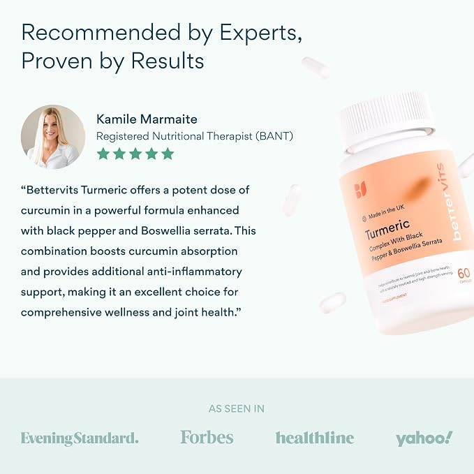 Bettervits Turmeric Curcumin Supplement with Black Pepper and Boswellia Serrata | Organic 1000mg Turmeric Supplement for Enhanced Absorption and Vitamin C | Joint Support - Non-GMO | 60 Vegan Capsules
