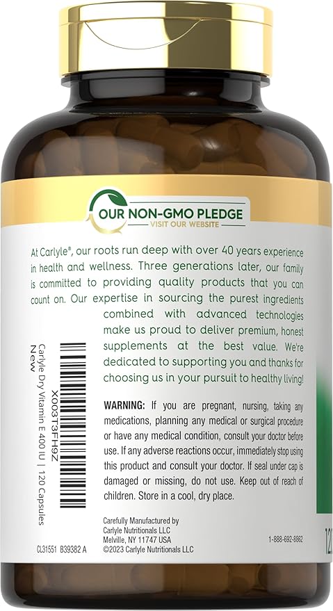 Carlyle Dry Vitamin E 400 IU | 120 Capsules | D-Alpha Tocopheryl | High Potency Formula | Non-GMO and Gluten Free