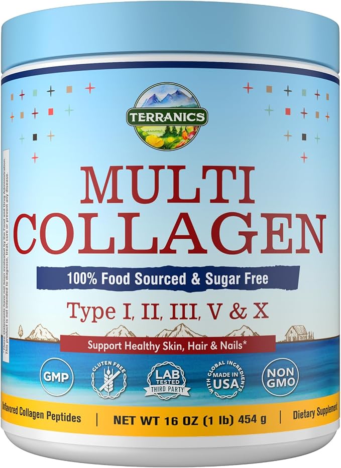 Terranics Multi Collagen Peptides Powder, Type I II III V X Hydrolyzed Collagen for Women+Men, Collagen Supplements, Fast Dissolve, Unflavored Colageno, No Sugar, Keto, 16oz
