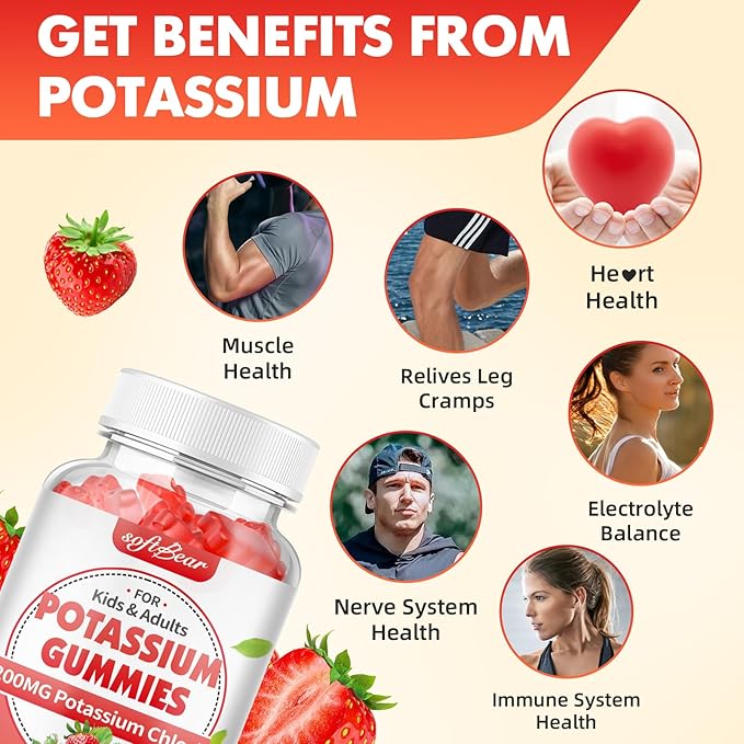 softbear Potassium Gummies for Adults, Sugar Free Potassium Chloride Gummies 1200mg Support Leg Cramps & Electrolyte Balance High Potency Potassium Supplement, Strawberry Flavor 60 Count