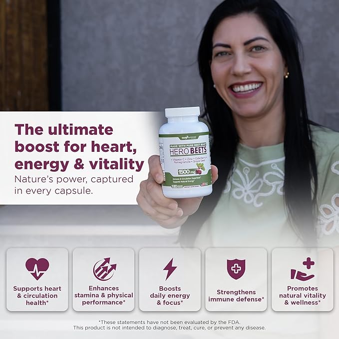 Gade Nutrition Hero Beets - Beet Root Capsules 1500mg - Organic Beet Root Powder + Vitamin C Zinc, Elderberry, Pomegranate, Grape Seed Extract - 3 Months Supply