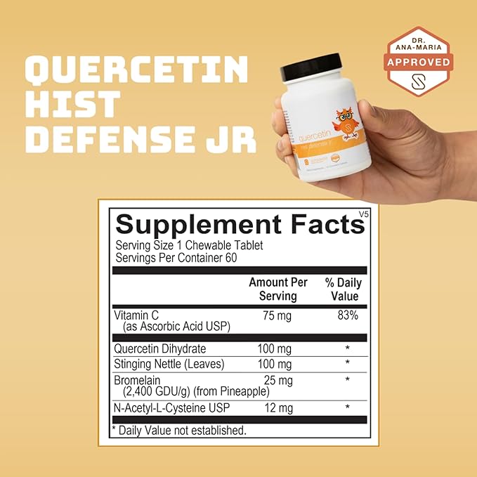 Quercetin Hist Defense Jr. By Dr. Ana Maria Temple | Natural Seasonal Support for Kids | With Quercetin, Stinging Nettle, Bromelain, NAC and Vitamin C | 60 Chewable Tablets