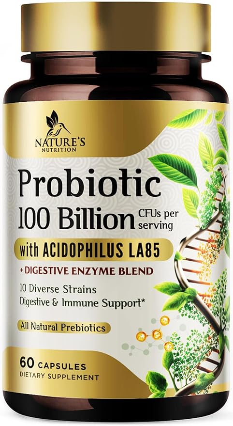 Probiotics 100 Billion CFU per Serving - 10 Strains & Prebiotics - Digestive Health, Gut & Immune Support - Supports Occasional Constipation, Gas & Bloating - Shelf Stable Bottled USA - 60 Capsules