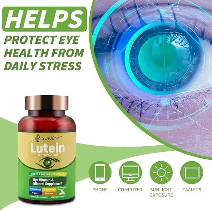 Lutein Eye Vitamins Supplement for Adults - 90 Capsules, Supports Eye Health with Zeaxanthin, Zinc, Vitamins C & E, Vegan Formula for Blue Light Protection & Macular Support (1)