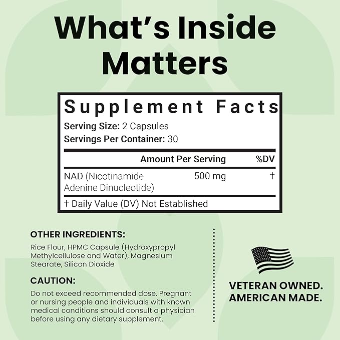 Luma Nutrition NAD+ Supplement 500mg Per Serving (250mg per Capsule) – Aging Plus Energy, Metabolism & Cellular Support – Pure NAD Supplements for Women & Men, Made in USA