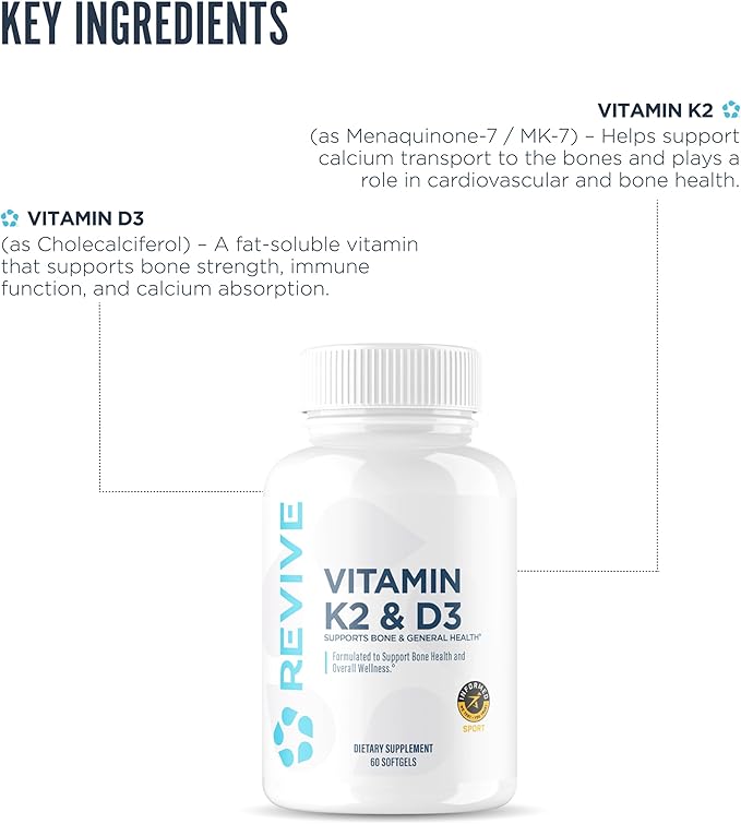 REVIVE MD Vitamin D3 & K2 Supplement for Women & Men - Physician Formulated K2 & D3 Vitamin Supplement Supports Bone Health & Muscle Strength - Immune & Cardiovascular Support (60 Servings)