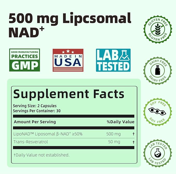 Liposomal NAD+ with Resveratrol - NMNH Supplement Alternative - High Purity NAD Supplement for Anti-Aging, Energy, Focus - 60 Capsules